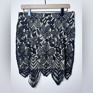 Whimsygoth Black Intricate Floral Lace Scalloped Hem Skirt w/ Nude Lining - 10